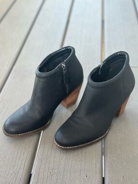 Cole Haan Women’s Black Leather Ankle Booties with Side Zip & Wooden Block Heel